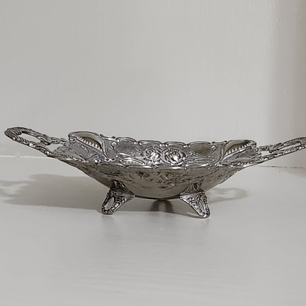 Vintage Silver-Plated Nut Bowl Embossed Floral Ornate Shallow Bowl With Feet
